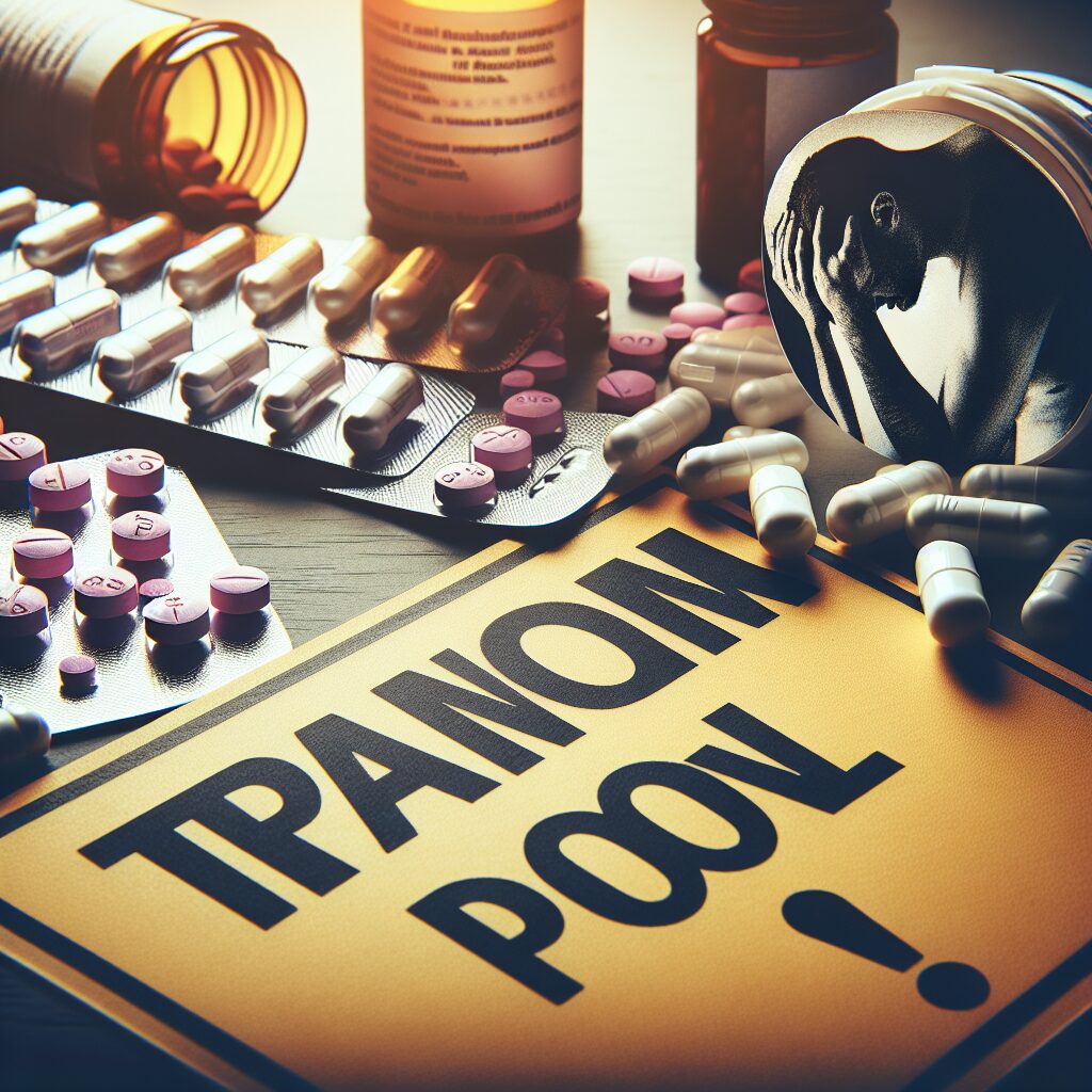 An informative image showing tramadol pills with a warning sign, emphasizing the risk of addiction. Background showing a cautionary atmosphere, possibly with a silhouette of a person holding their head in pain, illustrating misuse in treating migraines.