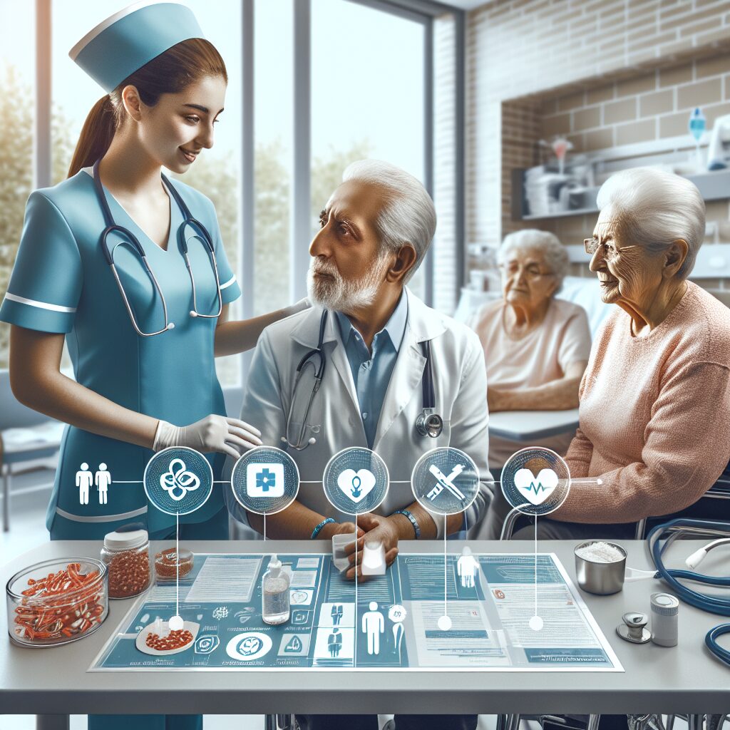 A detailed visual representation of a healthcare setting in a French nursing home (Ehpad), showcasing elderly care and infection prevention measures. The illustration should reflect a modern healthcare environment with medical personnel in action, illustrating the ongoing effort to fight infections, emphasizing hygiene, and proper use of antibiotics. Include both residents and healthcare workers in a collaborative and vigilant atmosphere.