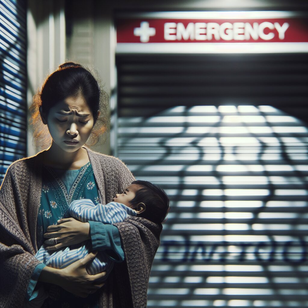 A concerned mother holding her child, looking distressed in front of a closed hospital emergency entrance at night. The atmosphere is tense, reflecting the urgency and worry of the situation, with dim streetlights casting long shadows.