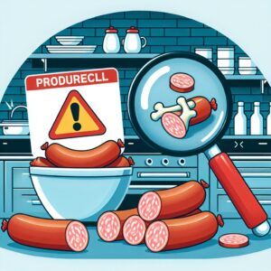 Une image montrant des saucisses de supermarché, avec une alerte signalant le rappel de produit, accompagnée d'un fond montrant une scène de cuisine et une loupe inspectant un morceau de cartilage.