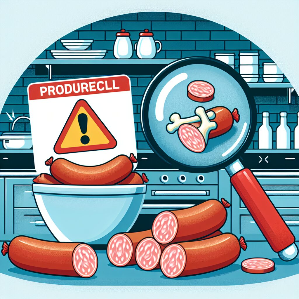 Une image montrant des saucisses de supermarché, avec une alerte signalant le rappel de produit, accompagnée d'un fond montrant une scène de cuisine et une loupe inspectant un morceau de cartilage.