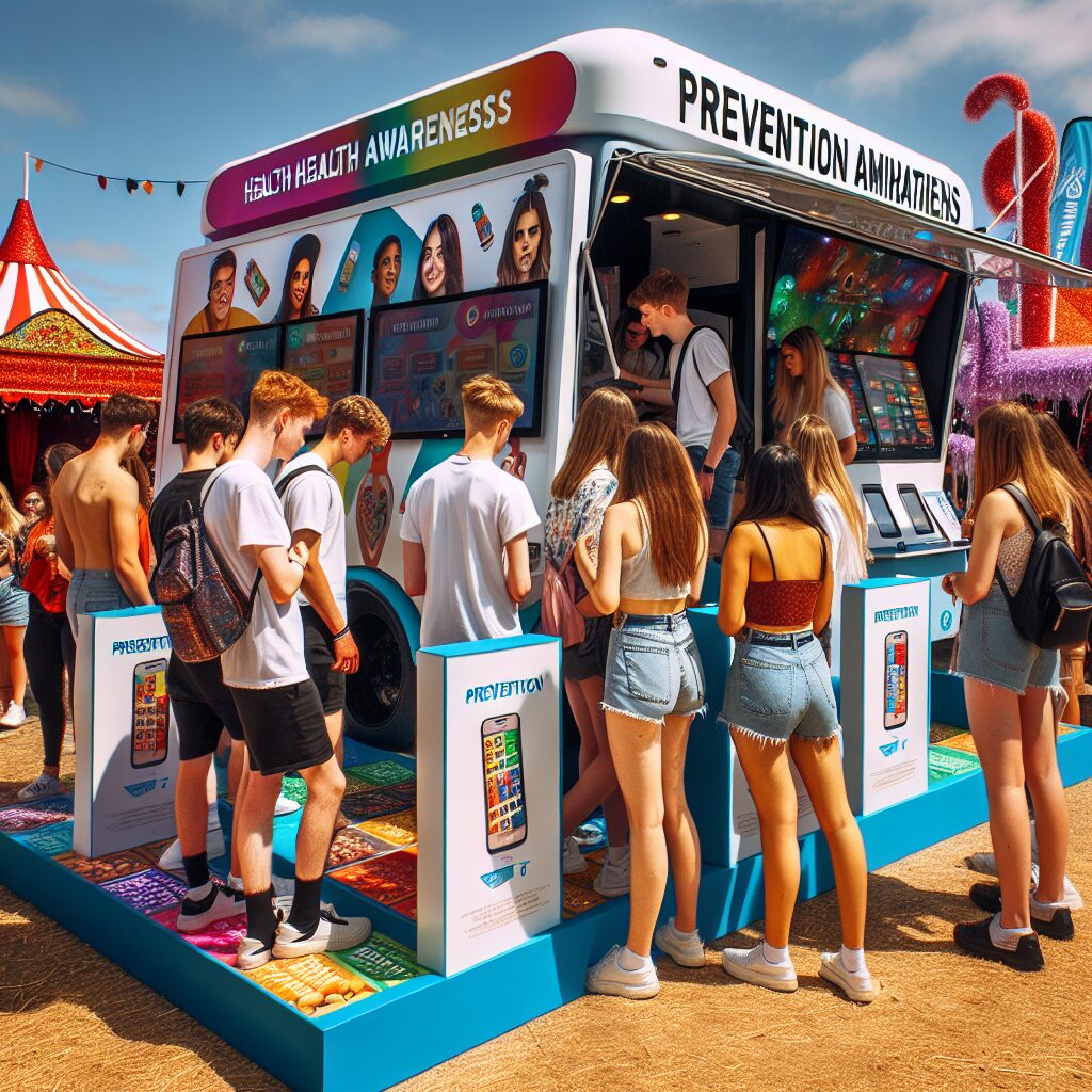 Bus itinérant de la santé en plein festival, avec des jeunes interagissant avec des stands colorés de prévention, animations interactives et un décor estival, sous un ciel ensoleillé, dynamique et accueillant.