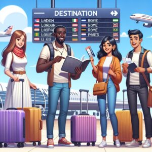 A diverse group of travelers at an airport, displaying a variety of travel essentials such as health insurance cards, travel guides, and luggage. Include an international destination board in the backdrop with destinations like London, Rome, and Paris. The image conveys a sense of excitement and preparedness for travel.