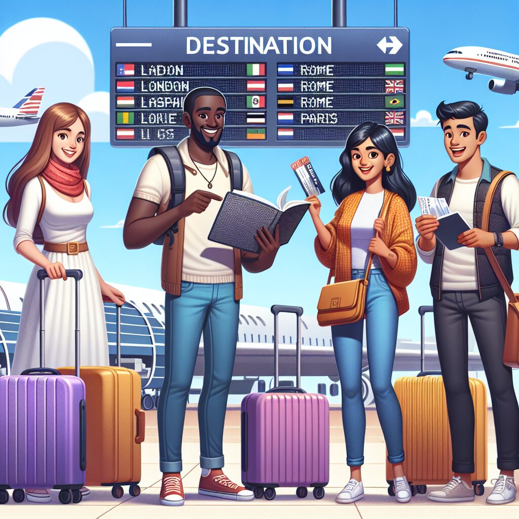 A diverse group of travelers at an airport, displaying a variety of travel essentials such as health insurance cards, travel guides, and luggage. Include an international destination board in the backdrop with destinations like London, Rome, and Paris. The image conveys a sense of excitement and preparedness for travel.
