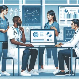 A professional looking illustration of a nursing home setting, showcasing healthcare professionals discussing infection prevention and antibiotic usage, with charts and data on a computer screen in the background, symbolizing the findings of the 2024 survey in a modern and insightful way.