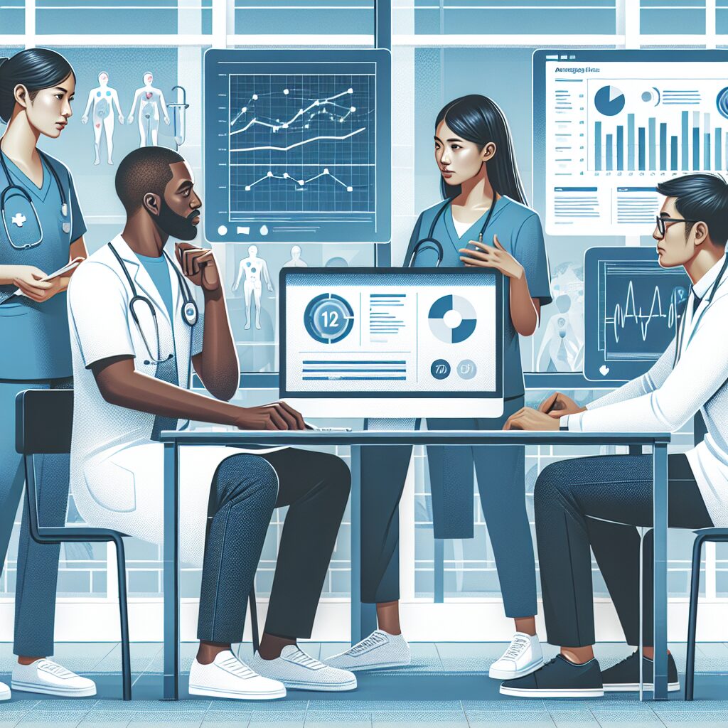 A professional looking illustration of a nursing home setting, showcasing healthcare professionals discussing infection prevention and antibiotic usage, with charts and data on a computer screen in the background, symbolizing the findings of the 2024 survey in a modern and insightful way.
