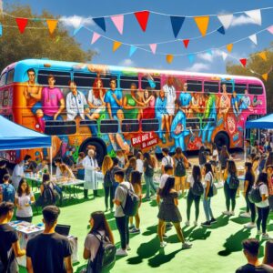 A vibrant and engaging image of a colorful bus surrounded by young people at an outdoor festival, with interactive health-related activities and banners about health tips and education.