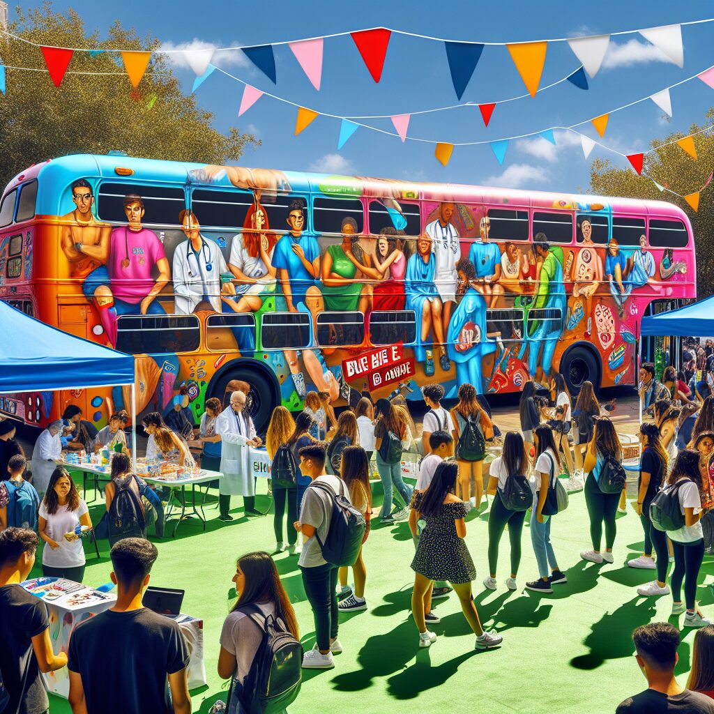 A vibrant and engaging image of a colorful bus surrounded by young people at an outdoor festival, with interactive health-related activities and banners about health tips and education.