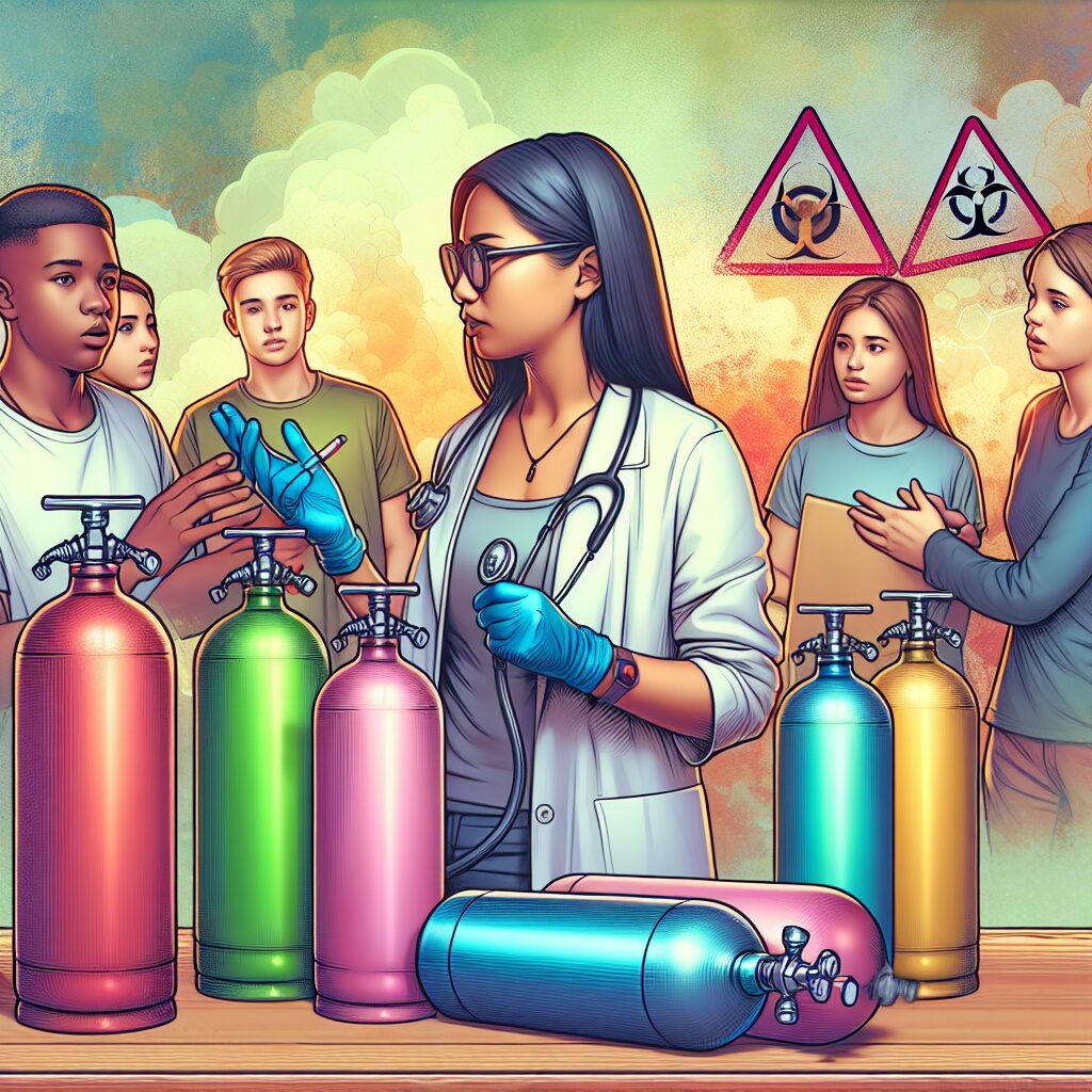 A representation of nitrous oxide misuse, showing a diverse group of young adults and adolescents surrounded by large nitrous oxide canisters. In the background, a concerned healthcare professional providing advice, surrounded by medical and toxicology symbols like a stethoscope, and caution signs symbolizing health risks. The setting is vivid, illustrating both the allure and dangers of nitrous oxide.