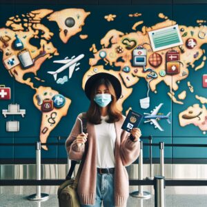A traveler at an airport gate, holding a passport and a European Health Insurance Card, with a backdrop of a world map and various health-related icons like a first aid kit, stethoscope, and airplane to symbolize travel health preparedness.