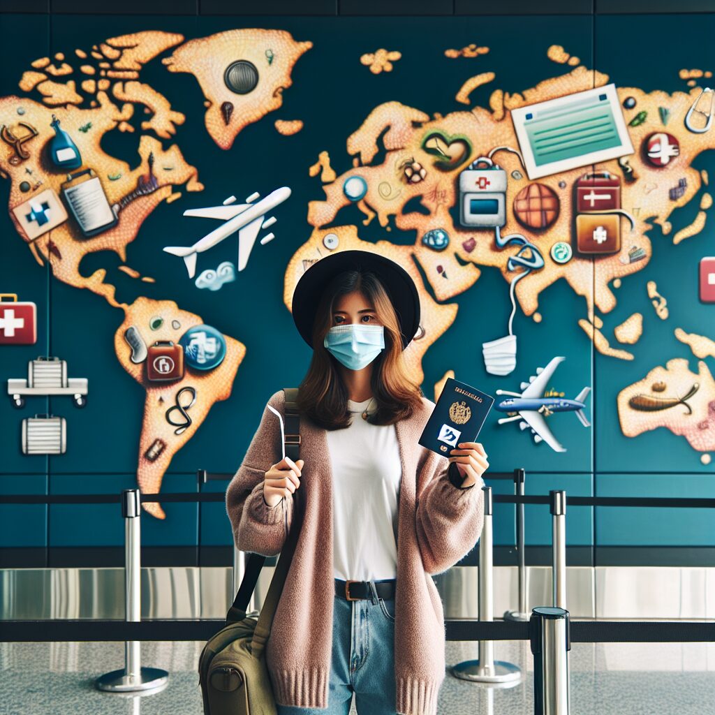 A traveler at an airport gate, holding a passport and a European Health Insurance Card, with a backdrop of a world map and various health-related icons like a first aid kit, stethoscope, and airplane to symbolize travel health preparedness.