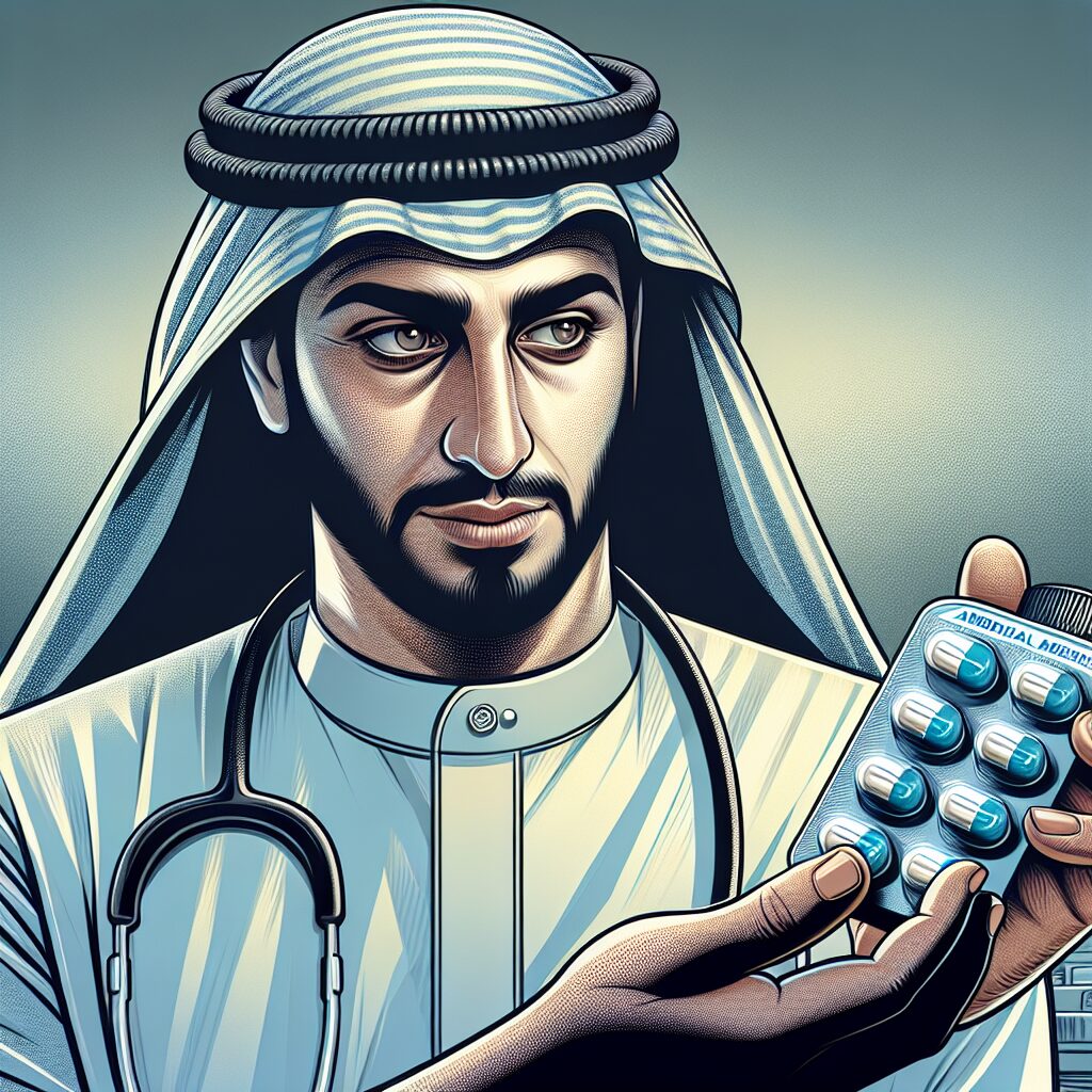 A thoughtful illustration showing a person holding pain relief medicine with a cautionary expression, symbolizing awareness and caution about addiction risks in a medical setting.