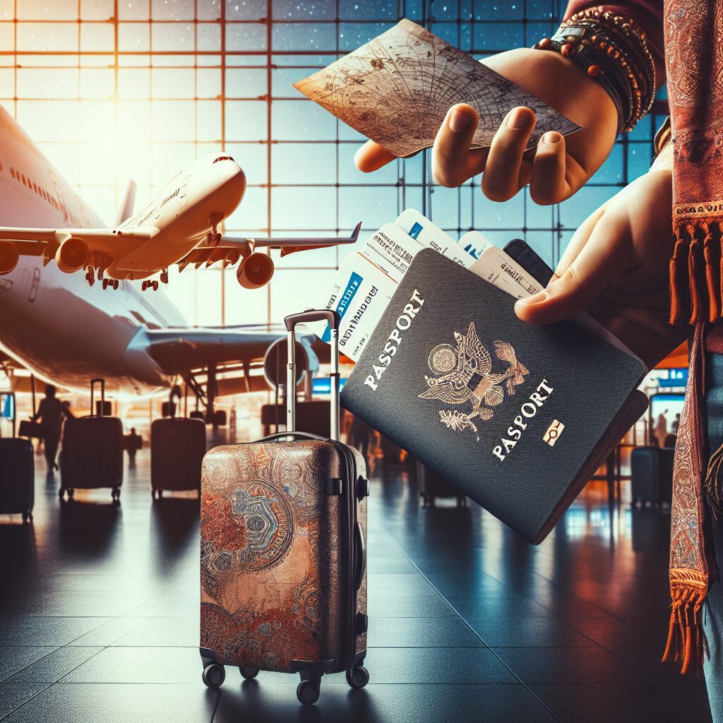 A traveler at an airport, holding a passport, surrounded by travel essentials like a suitcase, a health insurance card, and a map, with an airplane in the background.
