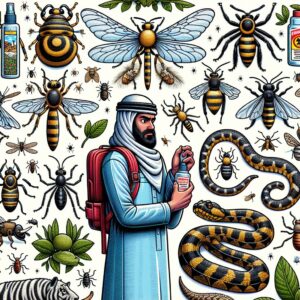 A detailed illustration showing various insects and animals like mosquitoes, bees, ticks, and snakes in a natural setting, with a person applying repellent and wearing protective clothing.