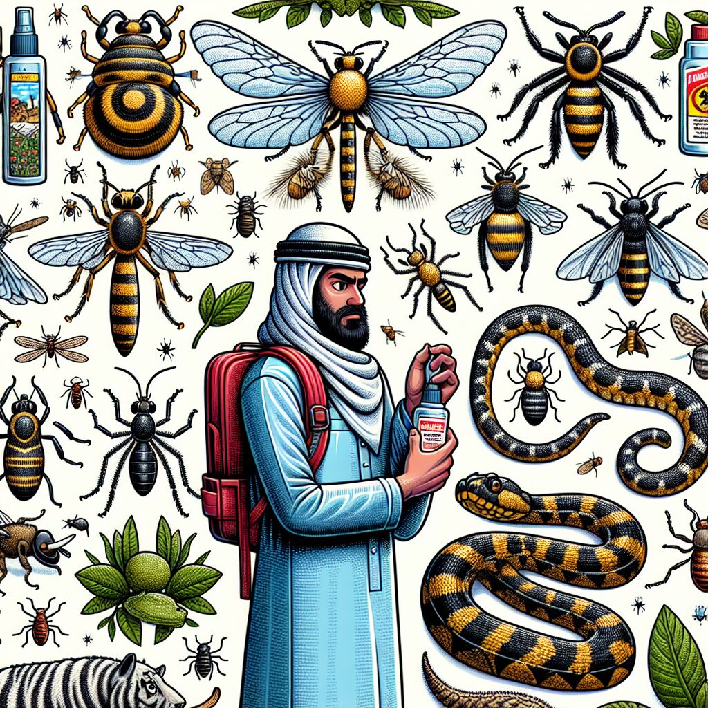 A detailed illustration showing various insects and animals like mosquitoes, bees, ticks, and snakes in a natural setting, with a person applying repellent and wearing protective clothing.