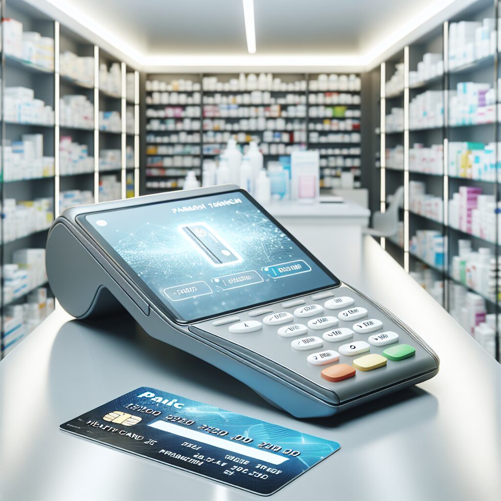 A pharmacy counter with a card payment terminal prominently displaying a digital health card transaction. The setting is a modern, well-lit pharmacy, with medicines visible in the background, illustrating the process of using a health card for medical purchases.