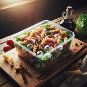 A freshly prepared Italian salad in a transparent plastic container, with visible ingredients like pasta, mozzarella, cured ham, lettuce, and balsamic vinegar. On a wooden kitchen counter, evoking a rustic and healthy food preparation theme, in a warm and soft lighting.