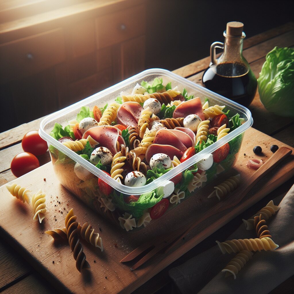 A freshly prepared Italian salad in a transparent plastic container, with visible ingredients like pasta, mozzarella, cured ham, lettuce, and balsamic vinegar. On a wooden kitchen counter, evoking a rustic and healthy food preparation theme, in a warm and soft lighting.