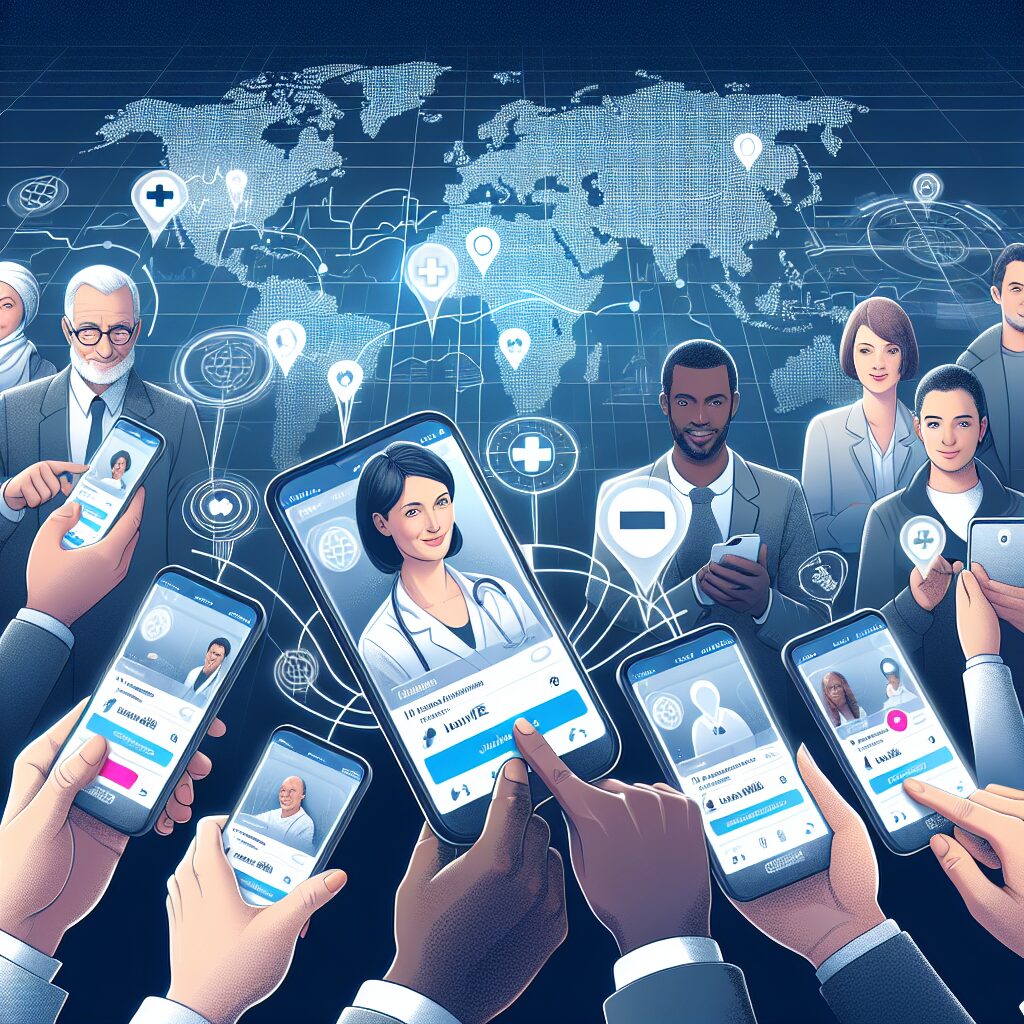 A digital illustration showing people using a health insurance application on their smartphones. The background displays a map of France highlighting eight regions. The smartphone screen is focused, showing an app interface with health-related icons and a digital version of a health card. The atmosphere is modern and innovative, symbolizing advancement in digital health solutions.