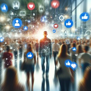 Un individu se tenant au centre d'une scène animée, entouré d'une foule floue, représentant l'idée de se sentir au cœur de l'attention, avec des éléments évoquant les réseaux sociaux et la technologie numérique.