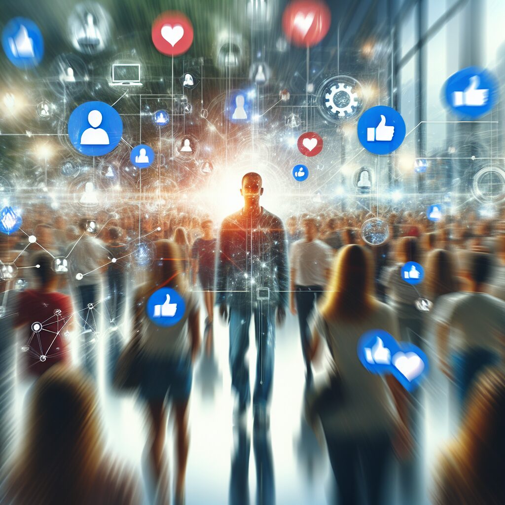 Un individu se tenant au centre d'une scène animée, entouré d'une foule floue, représentant l'idée de se sentir au cœur de l'attention, avec des éléments évoquant les réseaux sociaux et la technologie numérique.