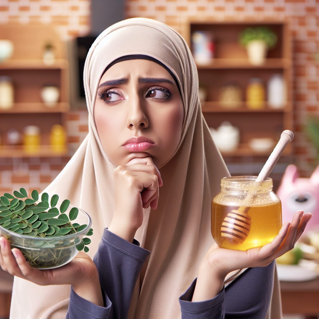 An illustration of a mother considering giving her baby a mixture of moringa leaves and honey. The scene should depict a concerned expression on the mother's face, showcasing the dilemma between trying a natural remedy and following scientific advice. The setting is a cozy kitchen with baby food items in the background.