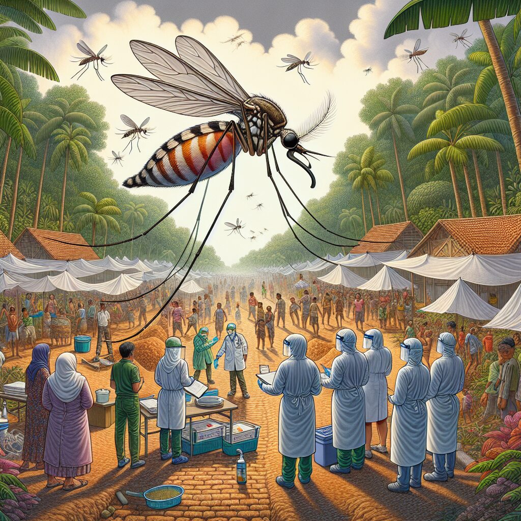 A detailed illustration of the chikungunya epidemic in La Réunion, featuring a large mosquito in a tropical setting. The scene shows medical personnel in protective gear, and people using mosquito nets and repellent sprays. The atmosphere should convey a serious but hopeful tone, highlighting preventive measures.
