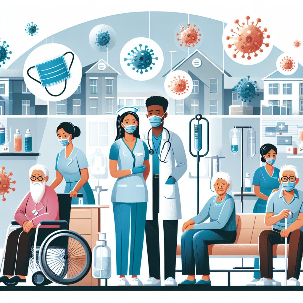 Illustration montrant un Ehpad moderne avec des professionnels de santé, des résidents âgés recevant des soins attentifs, et des éléments symbolisant la prévention des infections (comme des masques, des équipements médicaux propres) en arrière-plan.