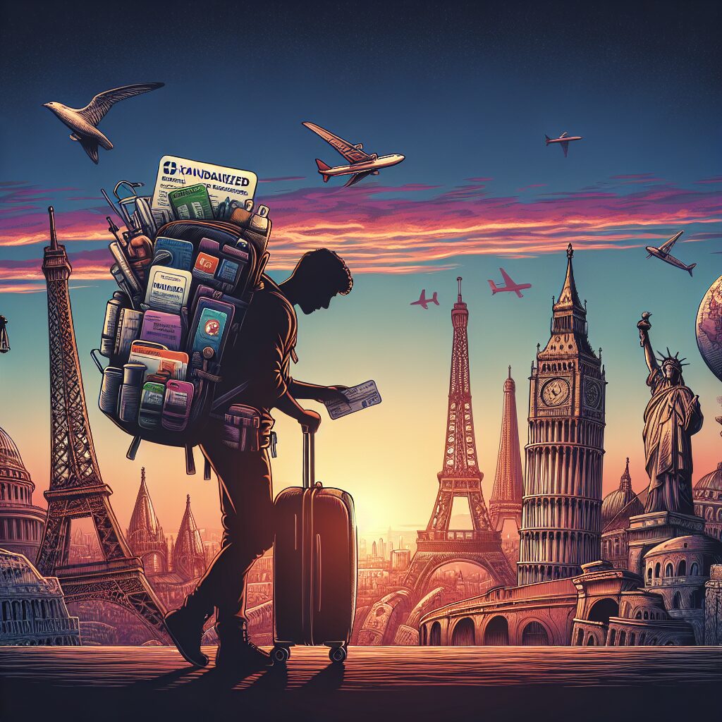 A traveler preparing a suitcase with health essentials, European Health Insurance Card, and various travel documents, with a backdrop of iconic landmarks from Europe and the UK.