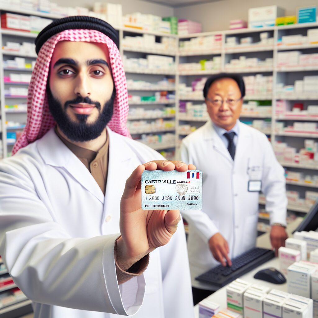 Person holding a French Carte Vitale in a pharmacy setting, with a pharmacist in the background. The image should convey the importance of having the card ready for health services in France. Bright and inviting colors, professional atmosphere.