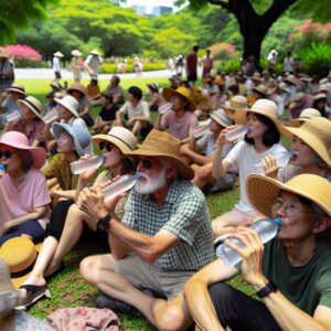 A group of people, young and elderly, sitting in a cool, shaded park, wearing summer hats and drinking water. The scene shows an inviting, lush green environment with a light breeze, capturing the essence of staying cool during a heatwave.