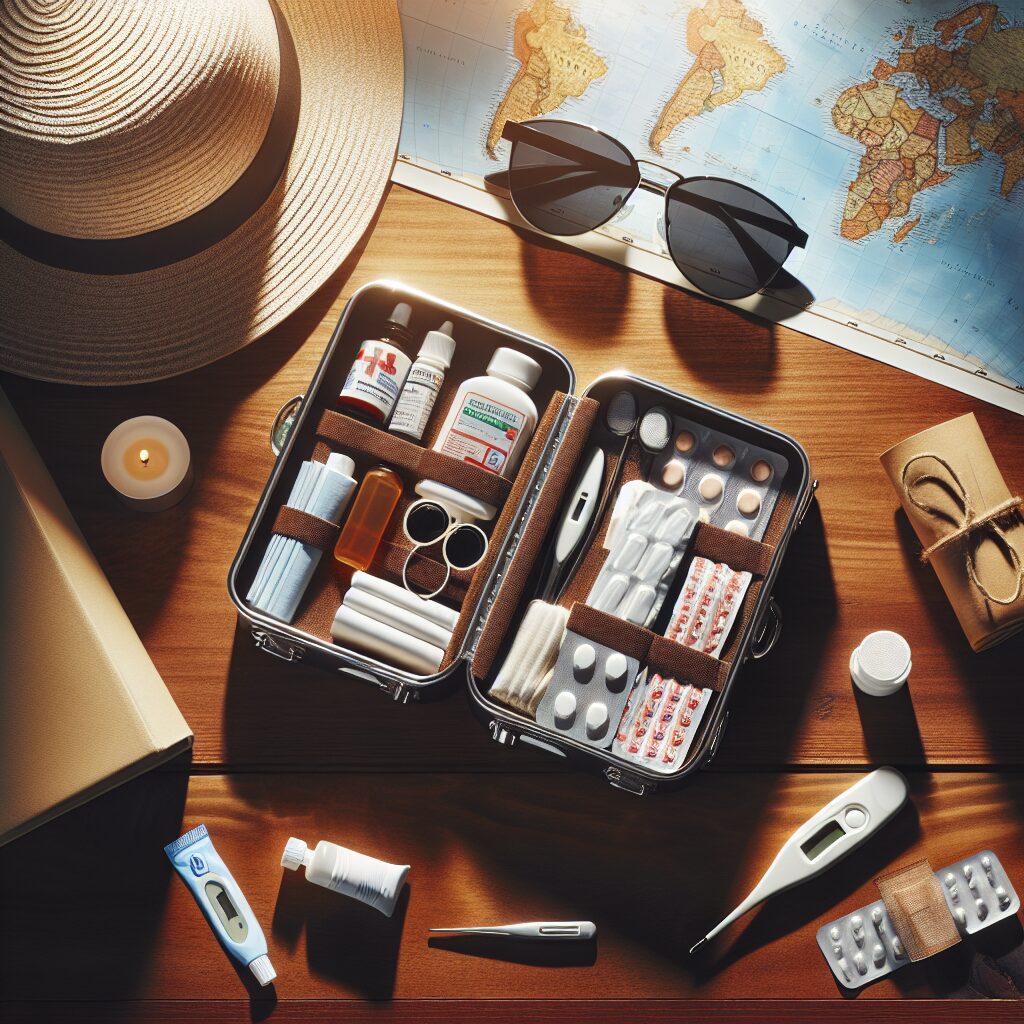 A neatly organized travel first aid kit placed on a wooden table, surrounded by vacation-related items like a sunhat, sunglasses, and a world map. The medical supplies include band-aids, antiseptic wipes, a thermometer, and various small medication bottles, all in a rustic, warm lighting setting.