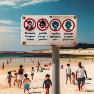 Une plage bretonne en été avec des panneaux d'interdiction de fumer visibles. Dans la distance, des enfants jouent dans le sable. Le ciel est bleu et ensoleillé, créant un environnement accueillant et propre.