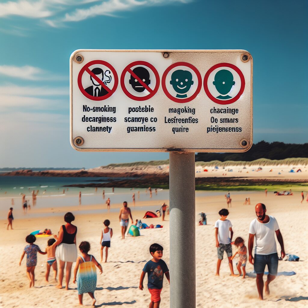 Une plage bretonne en été avec des panneaux d'interdiction de fumer visibles. Dans la distance, des enfants jouent dans le sable. Le ciel est bleu et ensoleillé, créant un environnement accueillant et propre.