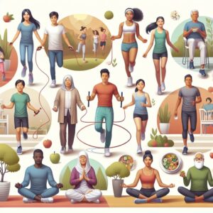 A diverse group of people of different ages and backgrounds engaging in healthy activities such as exercising, eating balanced meals, and avoiding smoking and alcohol, all set in a vibrant and hopeful atmosphere symbolizing cancer prevention and awareness.