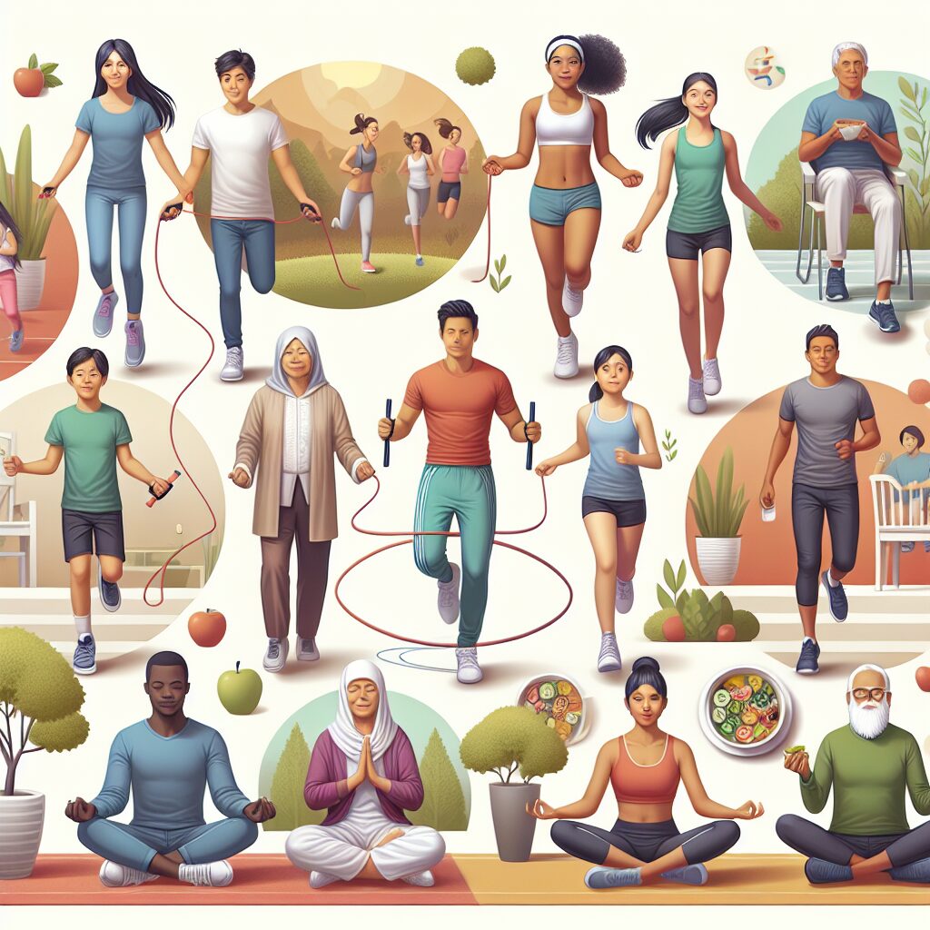 A diverse group of people of different ages and backgrounds engaging in healthy activities such as exercising, eating balanced meals, and avoiding smoking and alcohol, all set in a vibrant and hopeful atmosphere symbolizing cancer prevention and awareness.