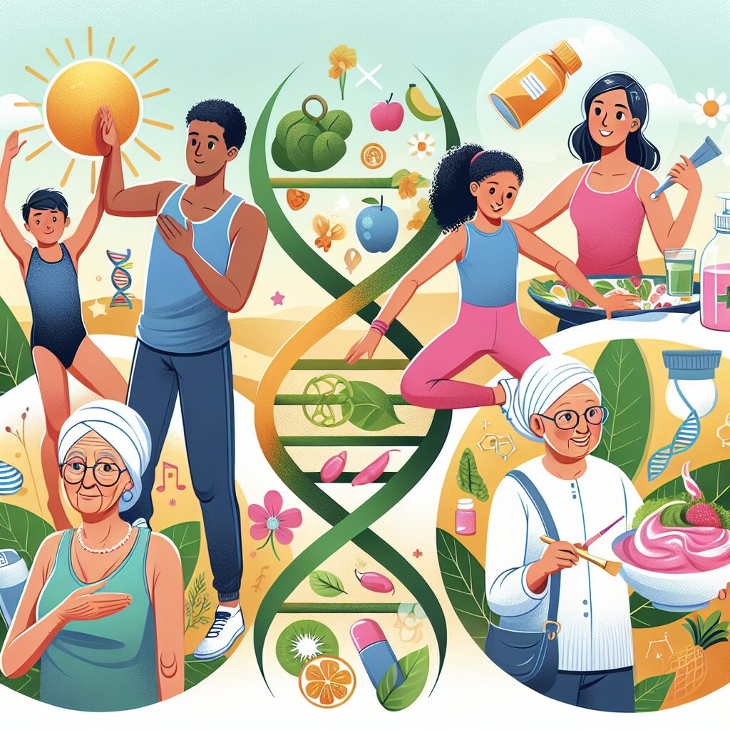 An educational illustration showing people of various ages engaging in healthy activities such as exercise, healthy eating, and sun protection, with a backdrop symbolizing cancer prevention, suitable for a health awareness campaign.