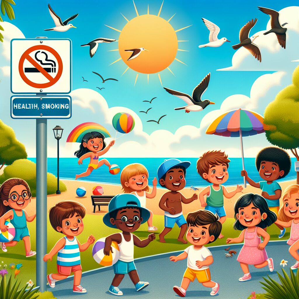 An illustration showing a sunny beach and park with a 'No Smoking' sign prominently displayed. Children playing happily in the background, birds flying in a blue sky, and a clear sense of a healthy, smoke-free environment.
