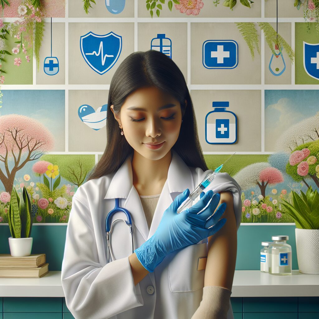 A healthcare professional administering a vaccine in a bright, spring-themed clinic, with symbols of safety and health protection visible in the background.