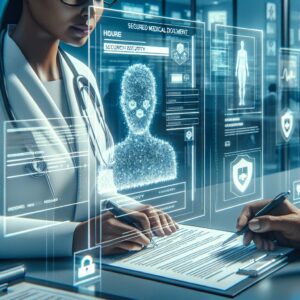 A secured medical document with holographic elements, a person filling it out, official looking, security features highlighted, professional healthcare setting, modern design