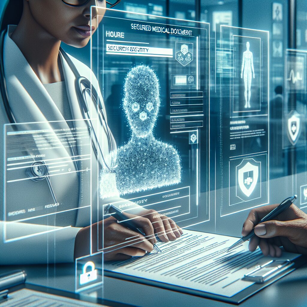 A secured medical document with holographic elements, a person filling it out, official looking, security features highlighted, professional healthcare setting, modern design