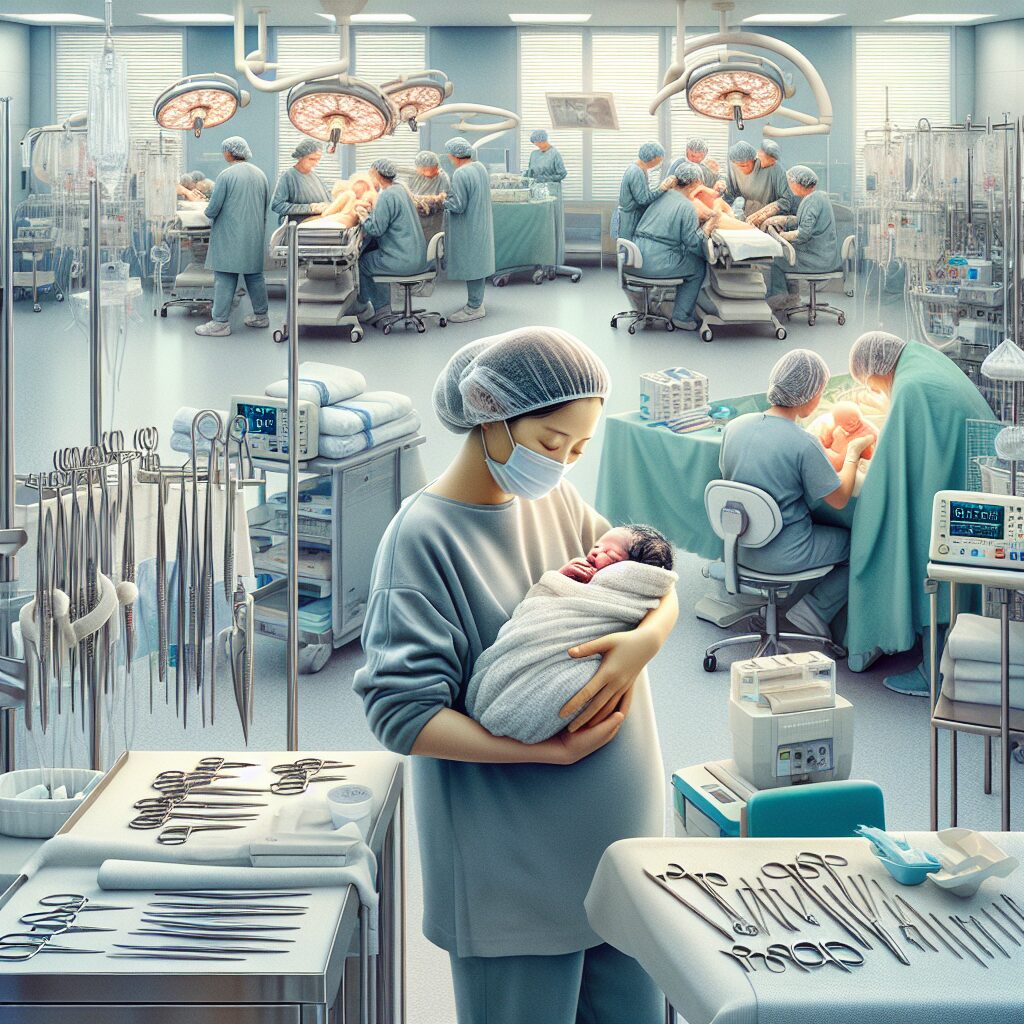 A detailed image of a modern hospital maternity ward in France, showing medical staff, a mother holding a newborn, and surgical equipment used for cesarean sections. The atmosphere should be clean, professional, and caring.