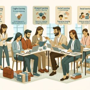 An educational scene depicting diverse trainers and professionals engaging with digital and print resources on psychosocial skills, illustrating various aspects of cognitive, emotional, and social learning.