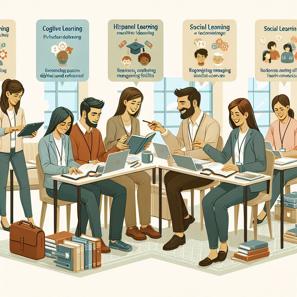 An educational scene depicting diverse trainers and professionals engaging with digital and print resources on psychosocial skills, illustrating various aspects of cognitive, emotional, and social learning.