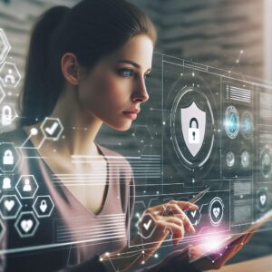 A concerned individual navigating a user-friendly online platform for reporting medical service fraud, with digital elements representing secure data transmission and verification.