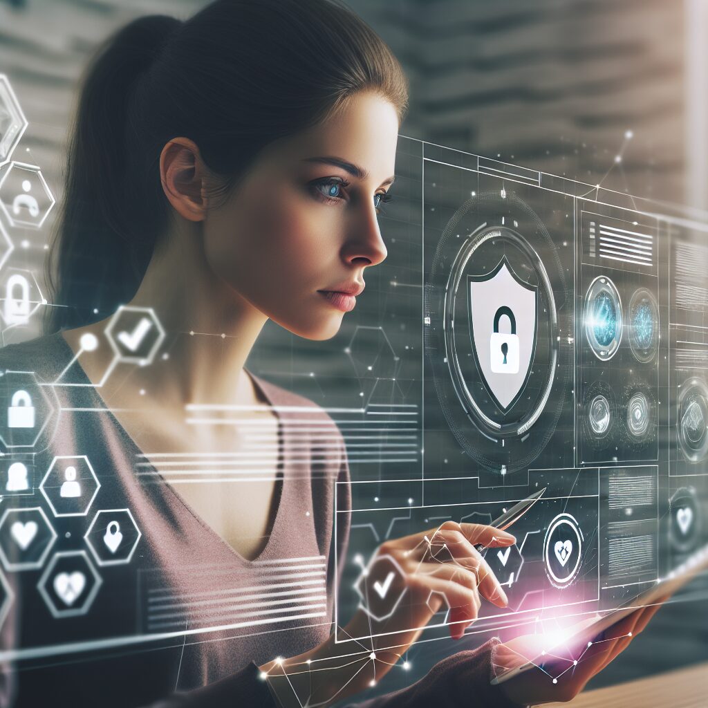 A concerned individual navigating a user-friendly online platform for reporting medical service fraud, with digital elements representing secure data transmission and verification.