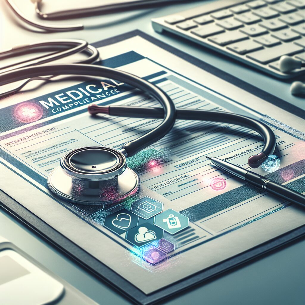 A secure and official-looking paper medical document, with holographic stickers and magnetic ink, lying on a desk alongside a stethoscope, symbolizing professionalism in healthcare compliance.
