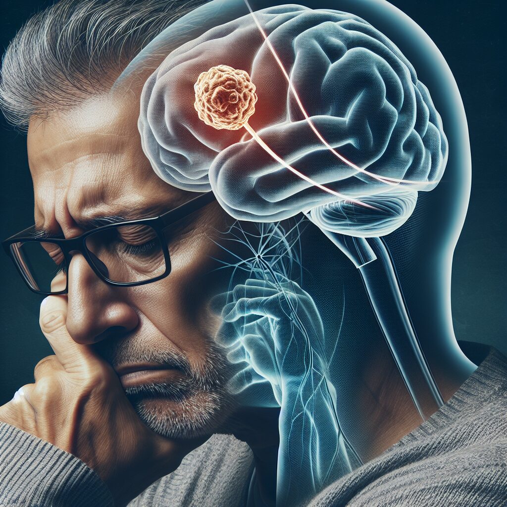 Image depicting a thoughtful middle-aged man, wearing glasses, clutching his head in discomfort, with a semi-transparent overlay of brain anatomy illustrating a tumor, symbolizing the hidden threats of health issues.