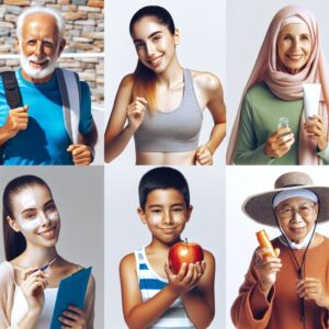 A diverse group of people of different ages and backgrounds engaging in healthy activities like exercising, eating fruits, and protecting themselves from sun exposure, illustrating cancer prevention awareness and healthy habits.