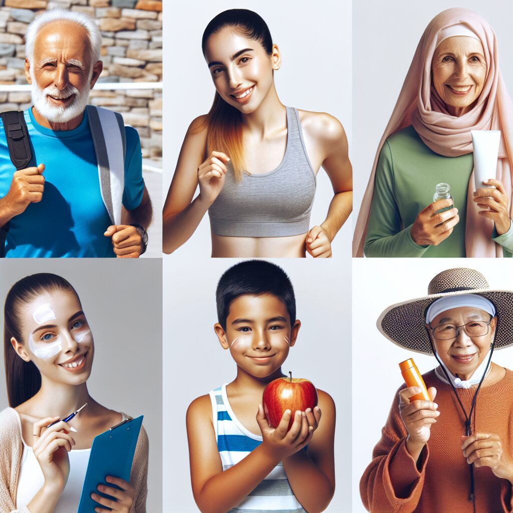 A diverse group of people of different ages and backgrounds engaging in healthy activities like exercising, eating fruits, and protecting themselves from sun exposure, illustrating cancer prevention awareness and healthy habits.